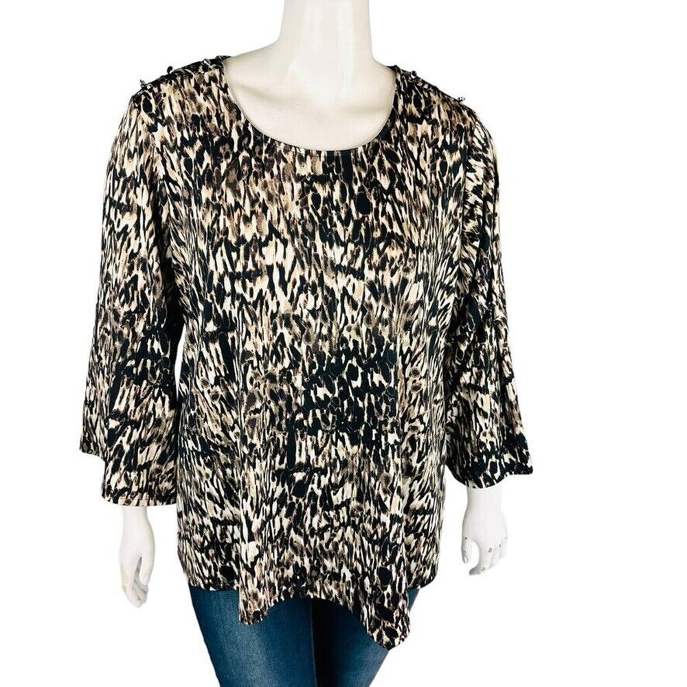Notations Womans Sz 1X Plus Blouse 3/4 Sleeve Pull Over Animal Print Stretch